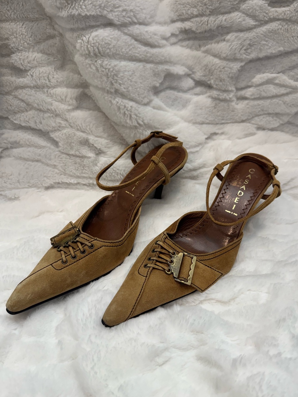 Vintage Casadei Camel Slingback Kitten Heels, Pointed Toe Designer Pumps Size 8